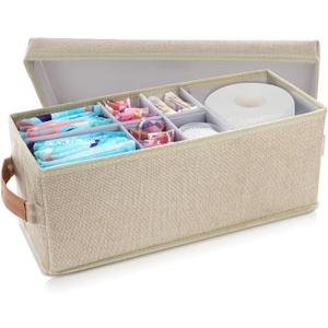 Tampon Holder for Bathroom, Bathroom Storage Containers with Lid, Adjustable Divider Feminine Product Organizer, Tampon Organizer, Bathroom Accessories Decor Boxes (Beige, 1-Pack)