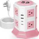 NVEESHOX Surge Protector Power Strip Tower, 10 Feet Ultra Flat Extension Cord with 12 AC Outlets 5 USB Ports(2 Type C), Desktop Charging Station, Flat Plug Outlet Extender for Home Office Dorm (6.5 FT, White-Pink+4USB+6.5FT)