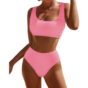 DaiLiWei High Waisted for Women Ribbed 2 Piece Bathing Suit Modest Full Coverage Bikini Sets Sporty Cute Swim Suits for Teens (Small, Pink)