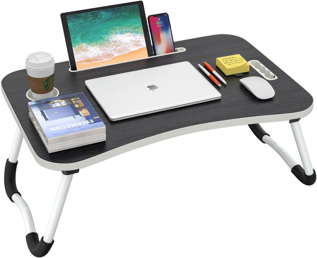 BUYIFY Folding Lap Desk, 23 Inch Portable Wood Deep Black Laptop Bed Desk Lap Desk with Cup Holder, for Working Reading Writing, Eating, Watching Movies for Bed Sofa Couch Floor