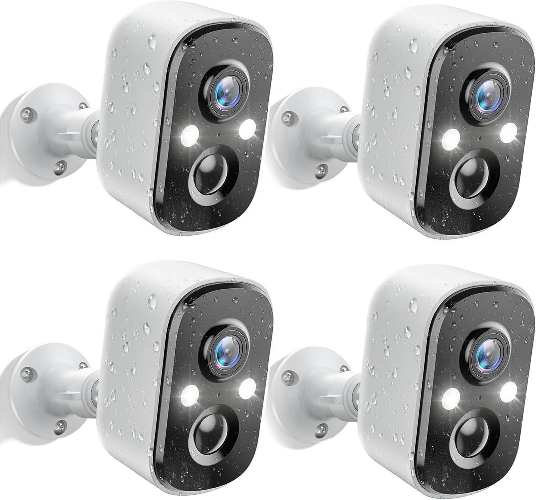 2K Security Cameras Wireless Outdoor, Battery Outdoor Camera Wireless w/PIR Human Detection, Dual-Spotlights, Color Night Vision, IP66 Weatherproof, 2-Way Talk, 4 Pack