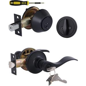 Keyed Alike Front Door Lever Lockset with Single Cylinder Deadbolt Combination Set, All Keyed Same Exterior Door Handle with Lock and Deadbolt, Matte Finished