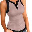 Hilinker Women's V Neck Ribbed Tank Tops Button Slim Fit Summer Sleeveless Henley Shirts Brown Black Medium
