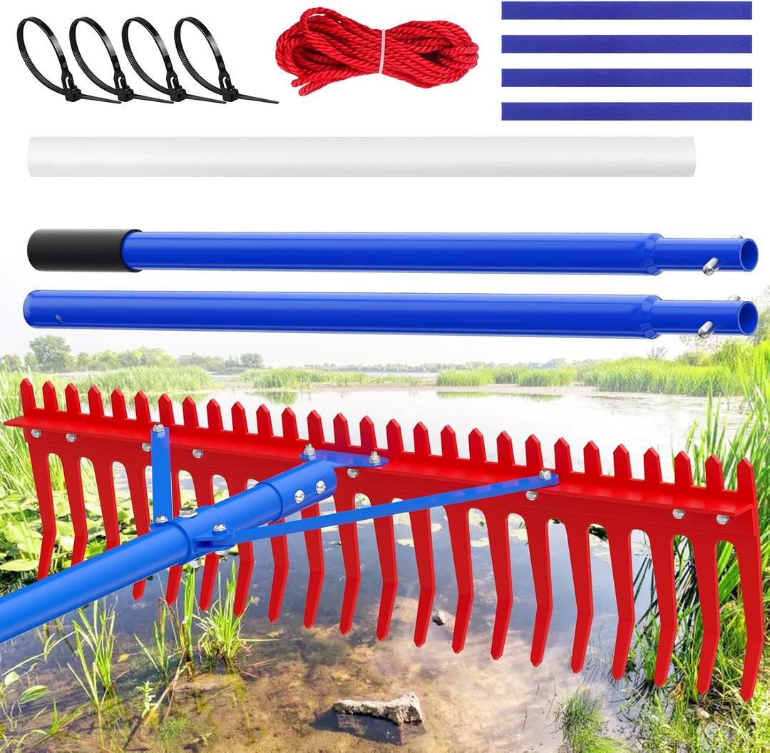 Extra-Large Heavy Duty Lake Weed Rake for Ponds with 9.5" Long Solid Metal Tines, 11FT Commercial-Grade Aquatic Weed Removal Tool,Deep Water Weed Cleaner for Large Aeras,Ergonomic Handle
