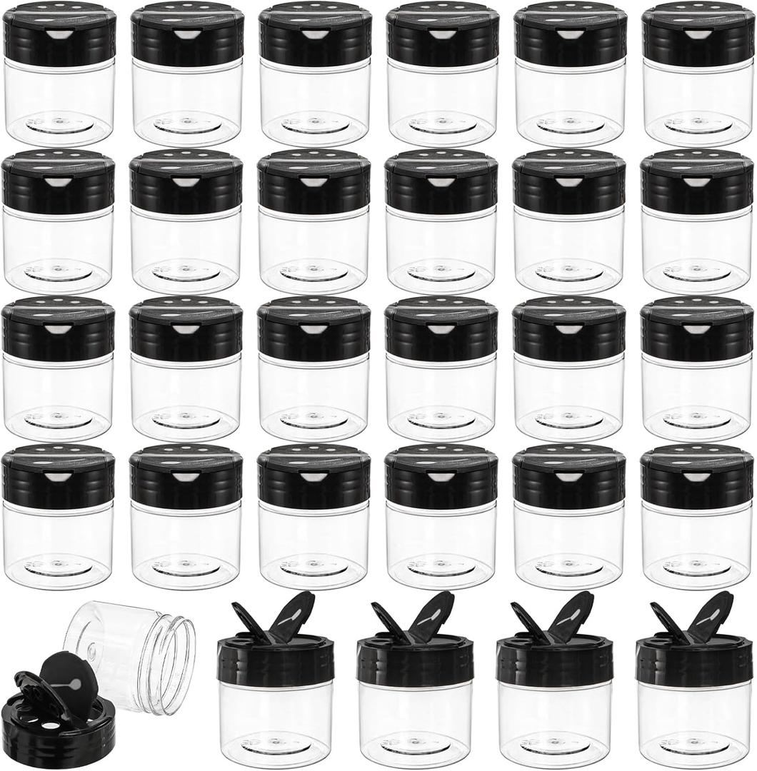 Foraineam 30 Pack Clear Plastic Jars 4 oz Mini Seasoning Bottles Spice Jars with Black Flip Cap to Pour Or Shaker, Round Food Safe Storage Containers with Lids for Spice Powders Cosmetics Crafts