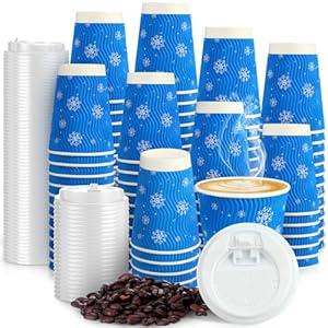 Jingmore 48 Pcs Snowflake Paper Coffee Cups 12 Oz Winter Disposable Extra Thick Insulated Beverage Cups with Leak Proof Lids for Wonderland Winter Christmas Party (Blue)