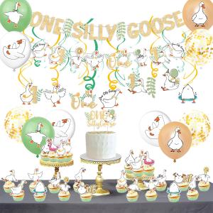 One Silly Goose Birthday Decor for Girls Boy First Birthday Party Decorations with Balloon Garland,Silly Goose Theme Ballon Banner, Cake Topper