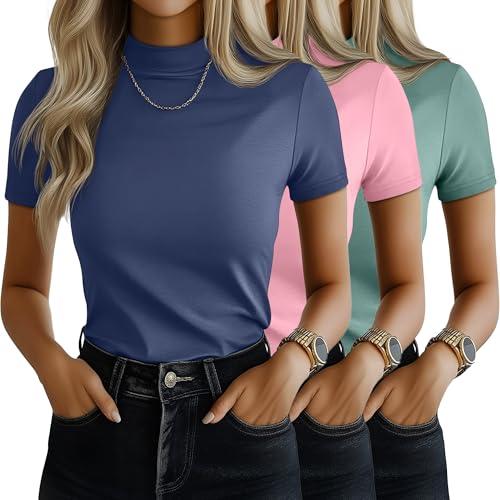 Ficerd 3 Pack Women's Mock Neck Shirts Short Sleeve Turtleneck Tops Slim Fitted Dressy Casual Tees Summer Basic Tshirts 2026(Haze Blue, Pink, Gray Green,Large)