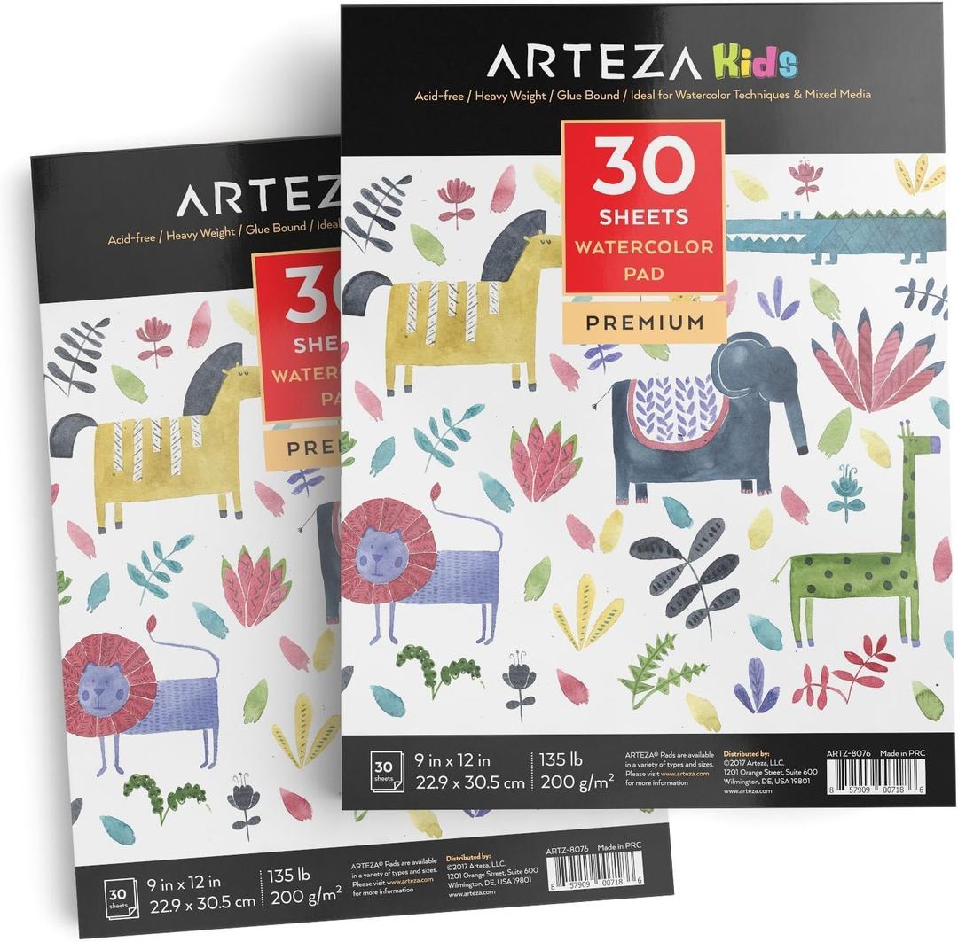 ARTEZA Watercolor Paper for Kids, 2 Pack, 30 Sheets Each, 9x12 Inches Water Pad, 135lb/200gsm, Glue Bound, Acid Free Kids Paper