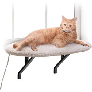 K&H Cat Window Perch, Heated Kitty Sill, Safety Listed, 24x14in, Fleece | Orthopedic Cat Window Hammock Bed Holds 40LBS, Washable Cover, Heated Kitty Windowsill Bed Seat for Indoors, Cream Fleece