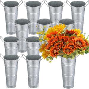 Chumia 12 Pcs Galvanized Flower 9 Inch Metal Vase Farmhouse Rustic French Flower Bar with Handles for Home Floral Centerpiece Container Wedding Table Decor(Matte Silver)