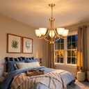 Modern Chandelier 5 Light Mid Century Alabaster Glass Classic Hanging Chandeliers in Gold Finish Pendant Light Fixtures for Dining Room