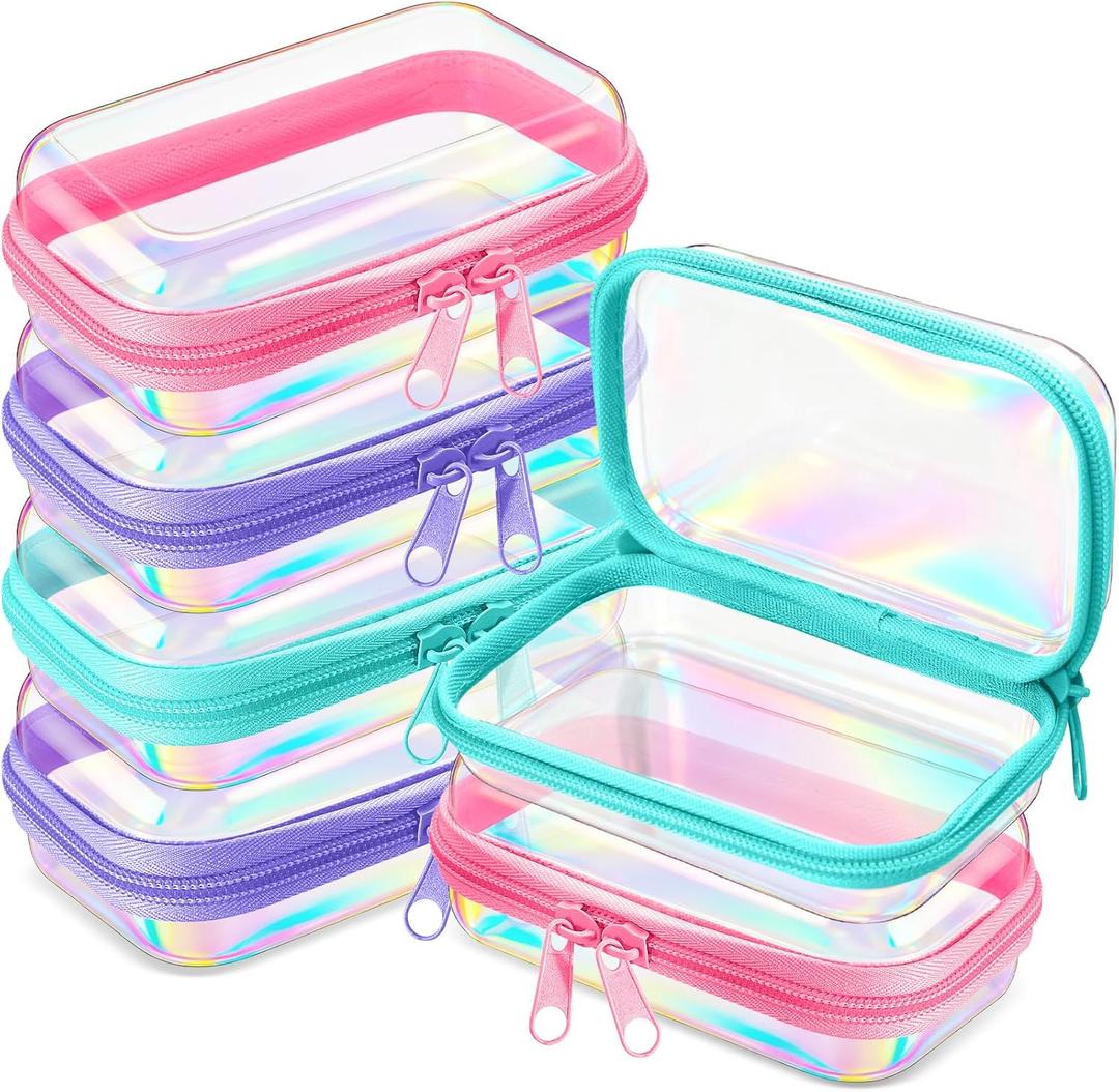 Sanwuta 6 Pcs Clear Hard Zipper Case Plastic Zipper Pouches Transparent Makeup Bag Pencil Case Pouches Toiletry Diaper Bag for Travel Toy Storage Organizer Bins(Holographic,5 x 3 x 2 Inch)