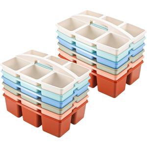 Lineshading 6 Equal Compartment Classroom Caddy, 12 Pack Small Caddy Organizer with Handle Rainbow Colors Plastic Classroom Table Caddies School Supply Organizer for Easy Storage (Boho Color)