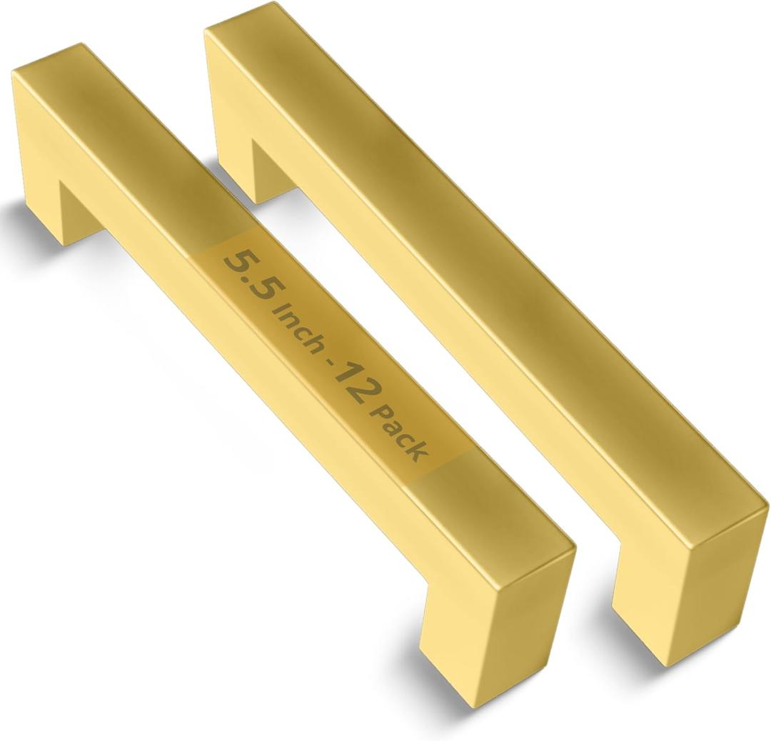 Mega Handles 12 Pack I Cabinet Pulls 5.5 Inch, Stainless Steel Cabinet Handle Pulls I Ideal for Kitchen Drawer, Cabinets, Door, Cupboard I Hardware for Cabinets - Hole Distance 5 Inch - Satin Brass