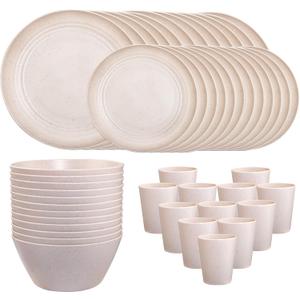 LIYH 48 Pcs Beige Plastic Wheat Straw Dinnerware Set - Reusable Plates and Bowls Sets,Unbreakable Plates Dishes Bowl Cup Outdoor Camper Dish Set for 12