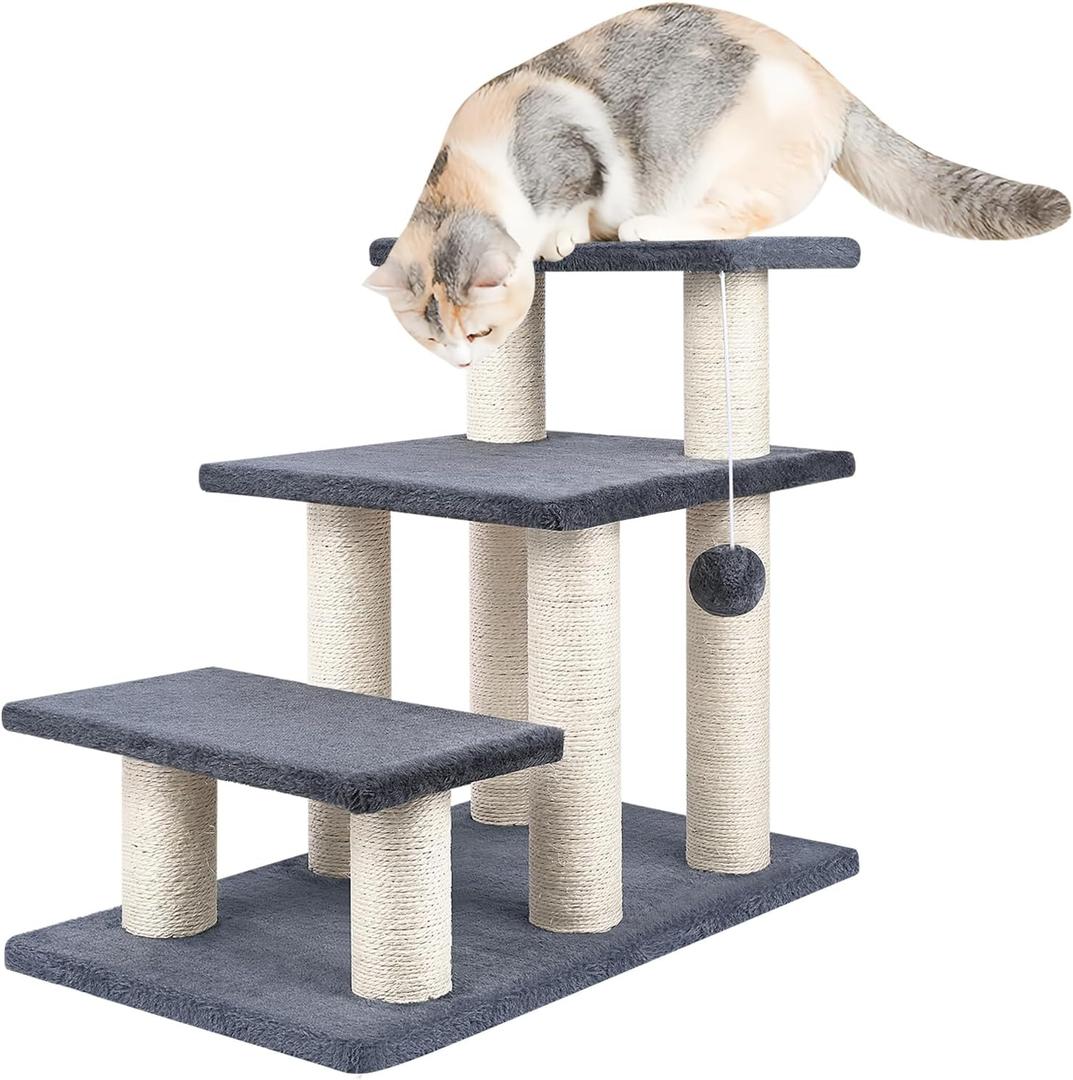 Dog Stairs, Cat Scratching Post 3 Steps Stairs for Cats and Dogs, Stable 20 inch Pet Stairs for High Beds & Sofas Protect Pet's Joints, Grey
