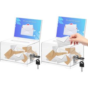 KYODOLED Clear Donation Box for Fundraising with Lock & Sign Holder, Multi-Use Voting and Raffle Box, Tip Jar, Secure Storage, Durable Plastic, 6.2'' x 4.6'' x 4.0'', 2PACK(Sign Card Not Contain)