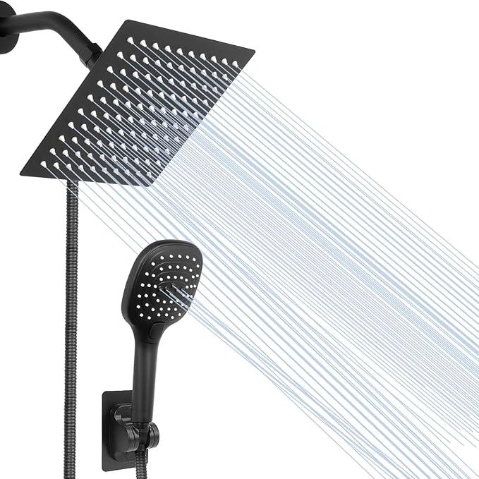 NearMoon Shower Head with Hose, High Pressure Stainless Steel Rain Shower and 3 Settings Handheld Spray Combo with Push Button Flow Control (8 Inch Showerhead Set, Matte Black)