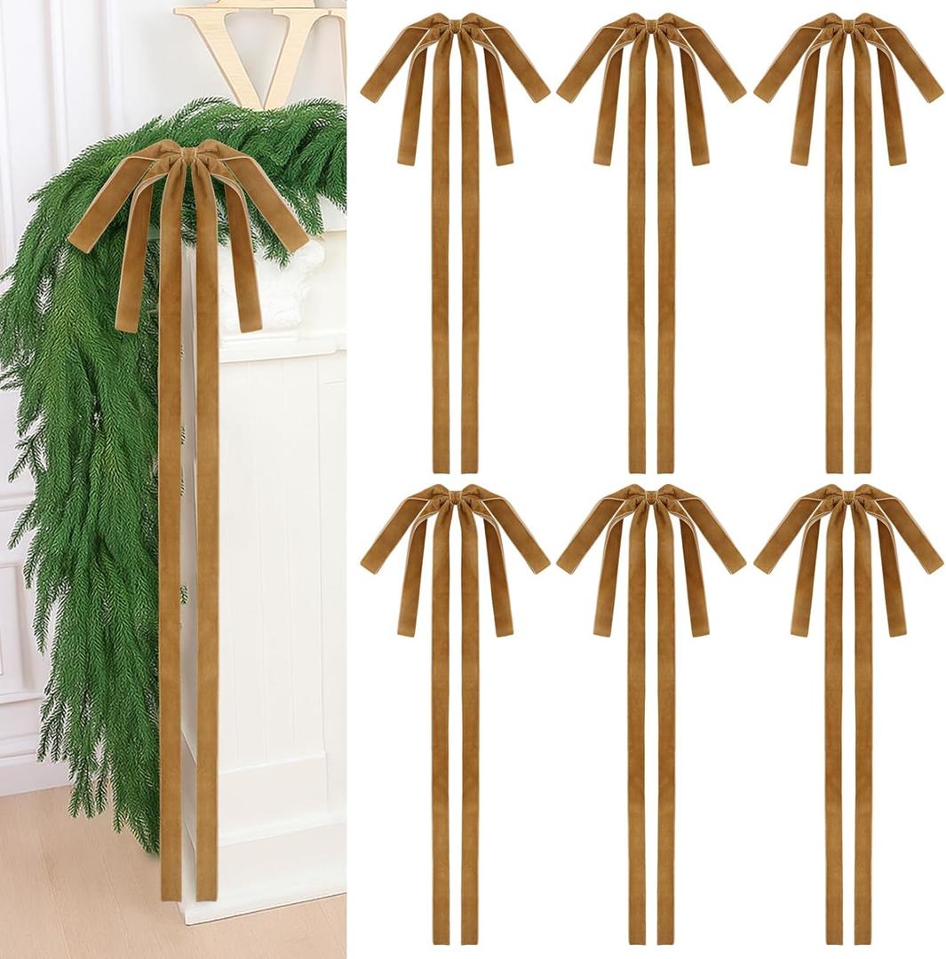 Soulchen 16 Pcs Neutral Velvet Ribbon Bows Christmas Ornaments Khaki Large Vintage Double Layer 11.8" x 29.5" Vintage Christmas Tree Decoration Staircase Bows for Xmas Wreath Winter Outdoor Indoor