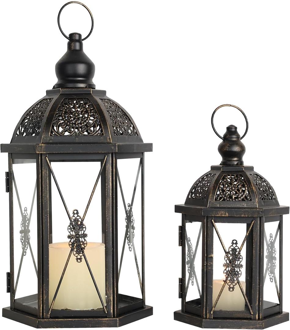 DECORKEY Large Lantern Decorative Outdoor & Indoor, Set of 2 (15&10) Metal Candle Lanterns Decor, Vintage Hanging Candle Holder for Front Porch Patio Wedding Farmhouse Home, Spring Decoration (Black / 14.9''+10.4'')