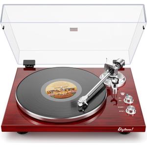 Belt Drive Turntable for Vinyl Record Player,Work with Bluetooth Speakers or Active Speakers,Built-in Phono Preamp,USB Digital Output,Magnetic Cartridge, 33/45 RPM,High-Gloss Wood Design(Red)