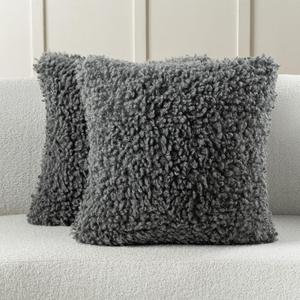 FUTEI Dark Grey Decorative Throw Pillow Covers 24x24 Inch Set of 2,Soft Fluffy Faux Wool Fur Boucle Textured European Cushion Case,Modern Home Decor for Couch Bed Living Room Office