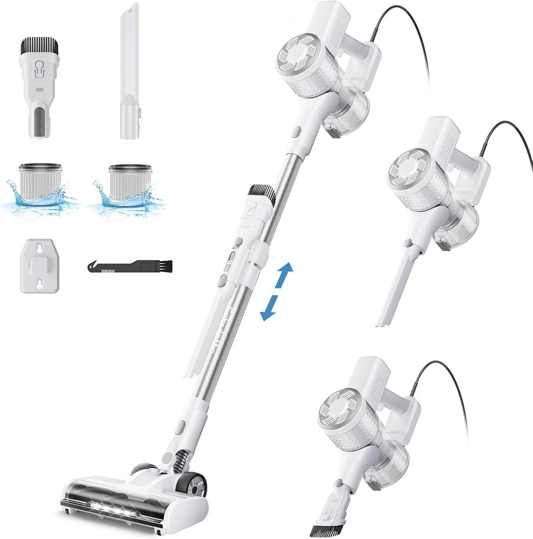 FABULETTA 23Ft Corded Stick Vacuum, 600W Power Stick Vacuum Corded with Telescopic Alloy Tube, 6 in 1 Ultra- Light Corded Vacuum Cleaner Converts to a Hand Vacuum, Great for Hair & Hard Floor,Grey