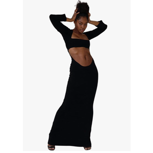 Suillty Women Sexy Hollow Out Bodycon Dress Long Sleeve Backless Belly Cutout Long Dresses for Cocktail Party Festival, Size:M