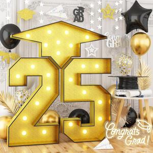4.5FT Graduation Decorations, 25 Light Up Numbers Graduation Cap with Lights, Gold Mosaics Marquee 25 Number Frame Pre-Cut Board Kit for Class of 2025 High School College Graduation Party Decorations