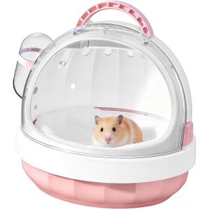Portable Hamster Cage with Water Bottle and Cozy Pad - High Breathability Travel Carrier for Gerbils, Mice, Guinea Pigs, Gerbils & Small Pets (Pink)