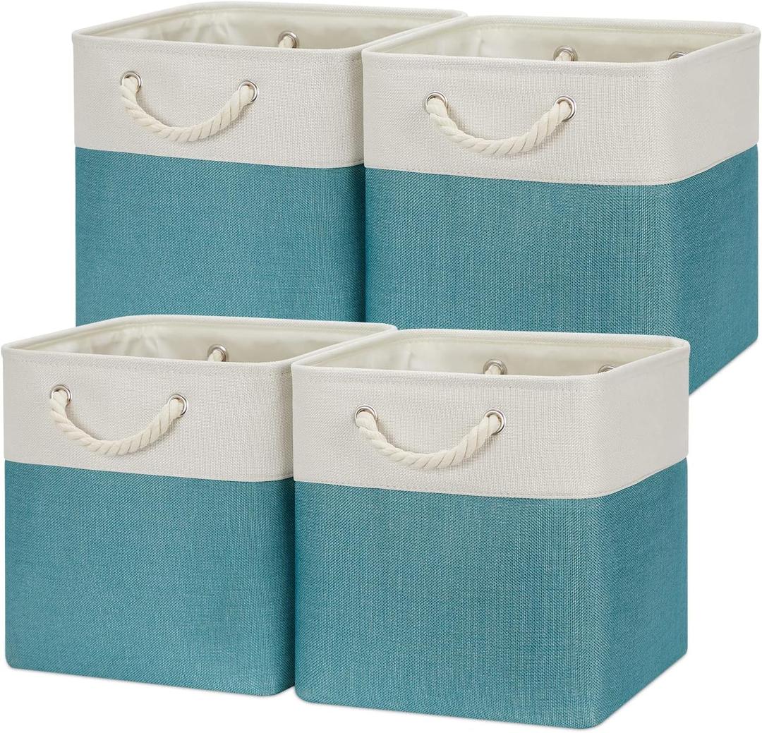 Temary Cubes Storage Baskets 12 Inch Cube Storage Bins for Shelf, Fabric Storage Cubes for Gift Empty Baskets for Home, Collapsable Box Basket for Storage (White&Teal)