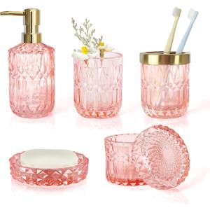 New Pink Bathroom Accessories Set, 5pcs Clear Glass Bath Accessory Set, Soap Dispenser, Toothbrush Holder Set, Soap Dish, Tumbler, Cotton Swab Jars, Girly Bathroom Decor, Gift Set