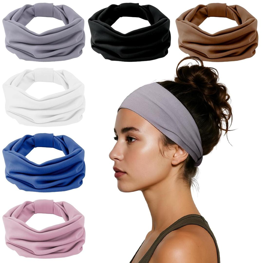 HSEM Headbands for Women, Wide Elastic Head Bands, Non-Slip Thick Hair Bands, Sports Stretchy Sweat Bands, Large Knotted Soft Headband for Washing Face, Makeup, Workout, Spa, Running, Fashion, 6-Pack (Grey/Navy/Brown/White/Pink/Black)