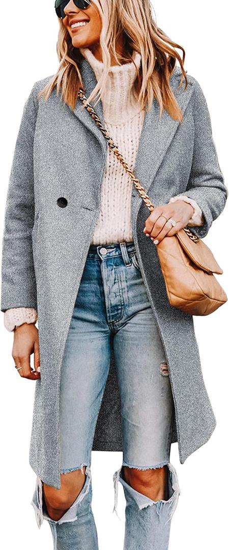 Tanming Women's Notch Lapel Double Breasted Wool Blend Mid Long Pea Trench Coat (LightGrey-L)