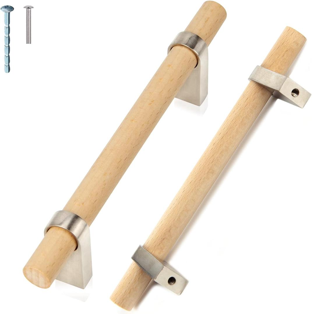 Wood and Silver Cabinet Handles Pull 10Pcs Adjustable Double Hole 3~5 in, Modern Metal Dresser Knobs, 4Inch Natural Wood Kitchen Drawer Handles Hardware (Center to Center)