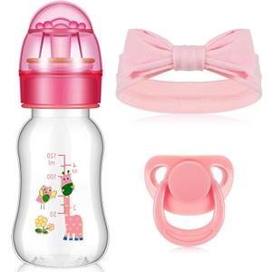 Blushtier 3 Pieces Reborn Baby Doll Accessories, Include Baby Doll Bottles, Magnetic Pacifier and Baby Doll Headband Feeding Bottle for Reborn Dolls (Pink,Giraffe Pattern), Medium
