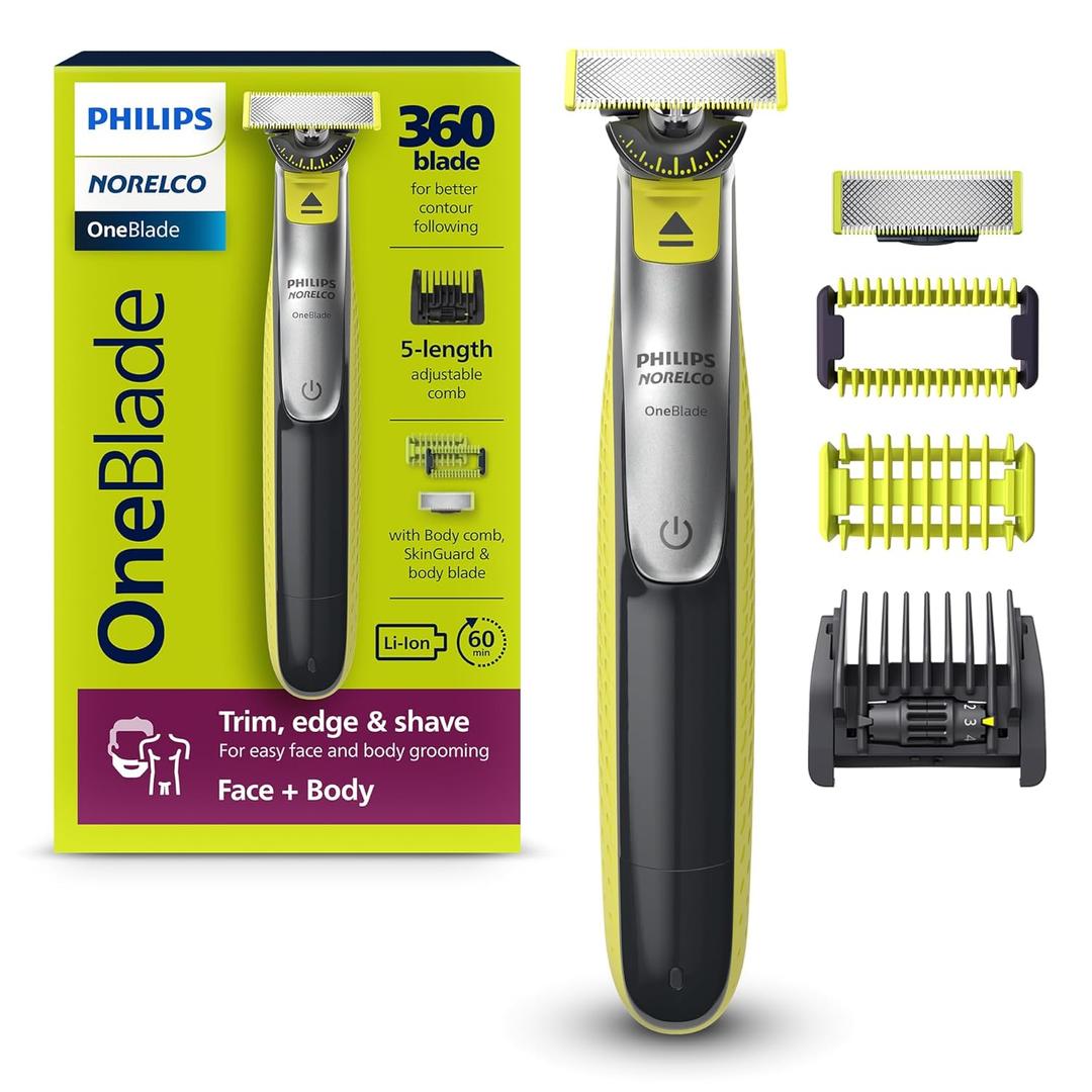 Philips Norelco for Face + Body, Electric Beard Trimmer, Shaver and Groomer, 5in1 Adjustable Comb, 1x Body Kit, Model QP2834/70, Black/Lime Green