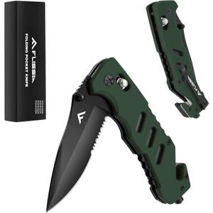 FLISSA Folding Pocket Knife with Clip, Glass Breaker and Seatbelt Cutter, Survival Knife for Emergency Rescue Situations, EDC Knife for Tactical, Hunting, Camping, Outdoor, Unique Gifts for Dad, Father-Green