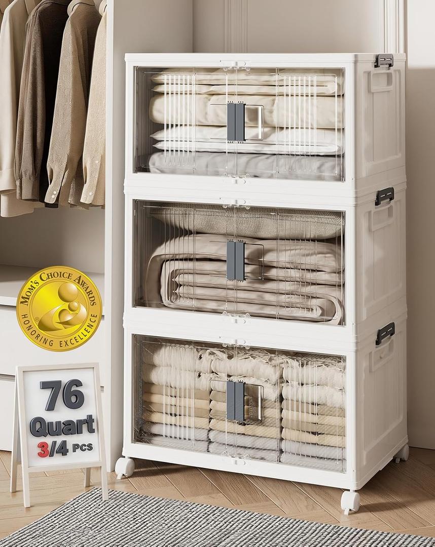 OlarHike 76QT Lockable Storage Bins with Lids - Folding Storage box with Doors and Wheels, Collapsible Plastic Bins for Closets, Office, Stackable Organizer and Containers, Gifts, 3 Pack Cubes