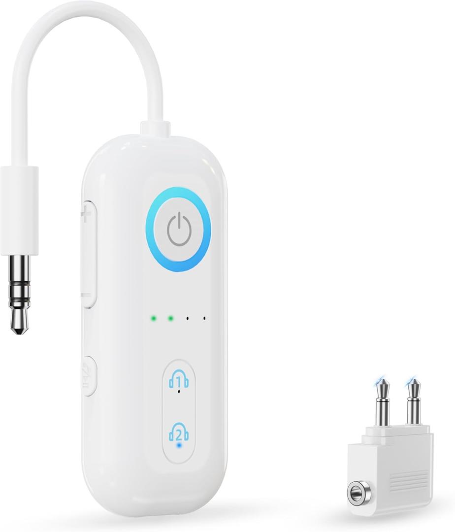 Bluetooth 5.4 Transmitter Receiver, Wireless Audio Adapter, Airplane Gadgets & Travel Essentials – for 2 Headphones, 20H Battery, aptX Low Latency, 3.5mm AUX Jack, for Car, TV, Home-White