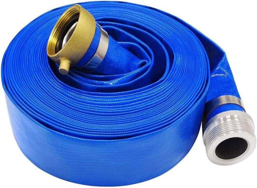 2" x 50' Blue PVC Backwash and Discharge Hose for Swimming Pools, Heavy Duty Reinforced Flat Pool Hose with Aluminum Pin Lug Fittings