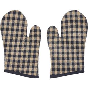 VHC Brands Cotton Oven Mitt Set of 2, Heat Resistant, Baking Glove Pot Holder, Kitchen Mitts, Black Check Collection, 12.5x8, Country Black