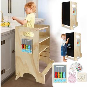 HOTROSE Toddler Kitchen Stool Helper, 4 in 1 Toddler Children Standing Tower with CPC Certified, Adjustable Sliding Board/Chalkboard Kids Step Stool for Bathroom, Safe Montessori Kids Stool