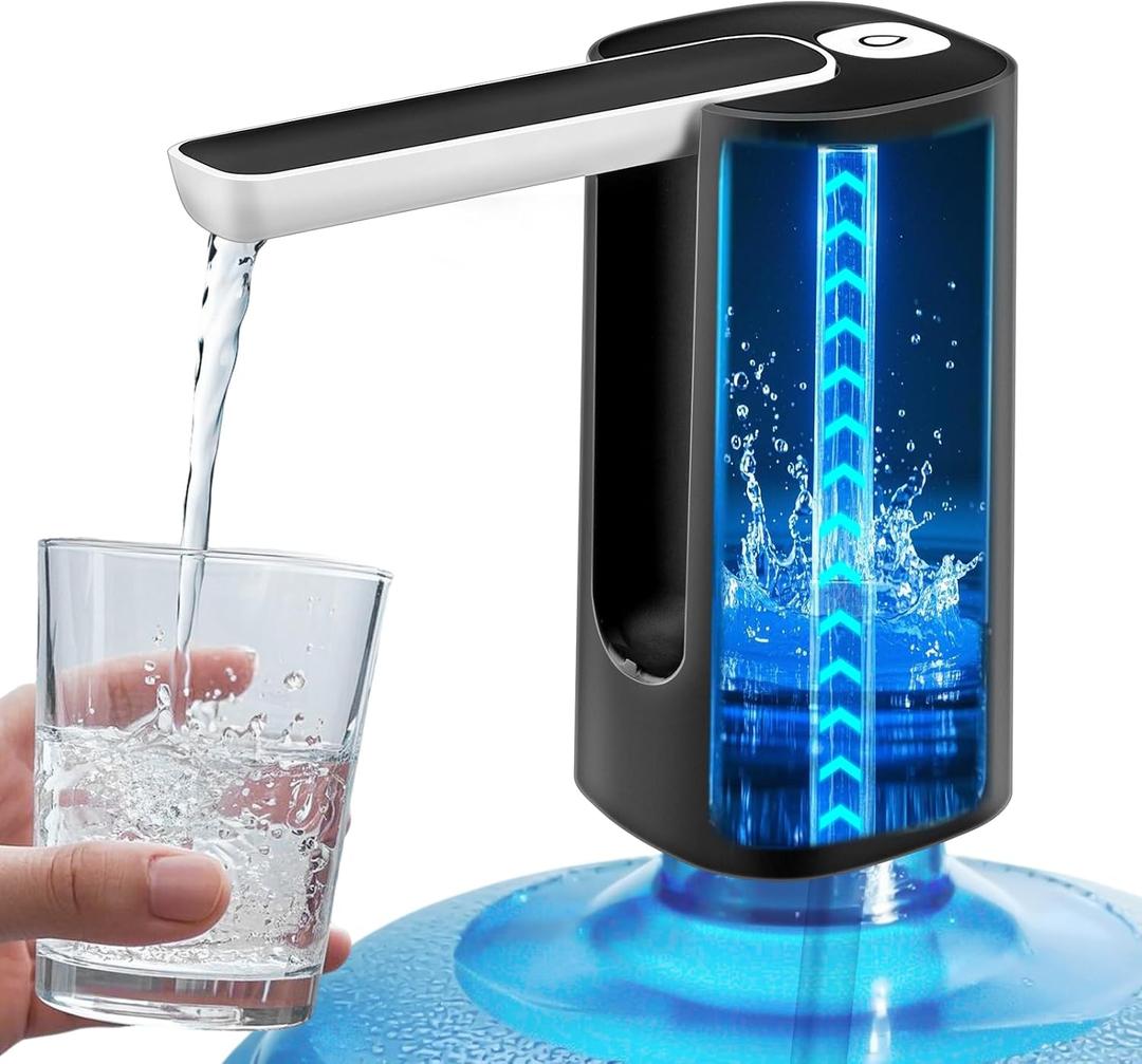 Foldable Water Dispenser for 5 Gallon Bottle, Electric Water Pump for 5 Gallon Jug Rechargable Portable Automatic Low Decibel for Camping Travel Home Kitchen Office (Black)