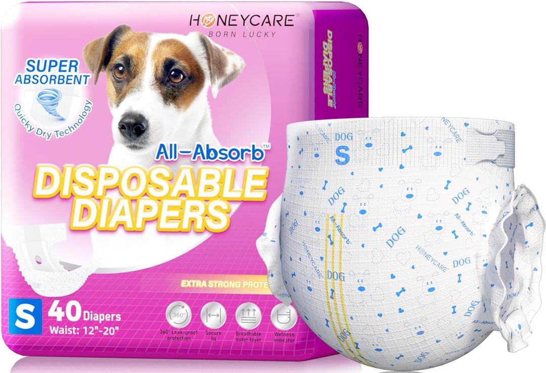 HONEY CARE All-Absorb Disposable Female Dog Diapers Small Size, Improved, 40 Count, Super Absorbent, Breathable, Wetness Indicator (Pack of 1, 40 Count Total)