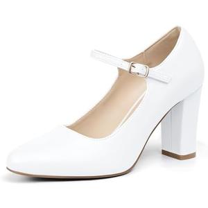IDIFU IN4 Women's Pumps Mary Jane Dress Shoes for Women Closed Toe High Chunky Block Heels Dressy Wedding Bride Prom Graduation Business Heels Comfortable Formal Vintage Round Toe Pumps Shoes, Size 9