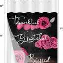 No Hook Shower Curtain with Snap in Liner, Pink Rose Flower Thankful Grateful Blessed Bathroom Curtain with Double Layers Waterproof Fabric and Mesh Top Window, Romantic Showy Floral Home Bath Decor