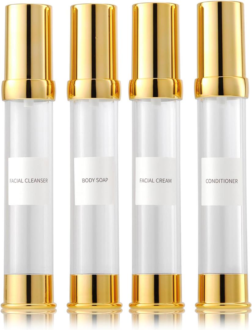 30ml 1oz travel bottles 4 pcs,Golds clear travel bottles,Airless pump bottles,DIY travel bottle set cosmetic containers Included Gift BoxWith labels,refillable cosmetic containers