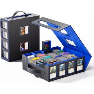 Trading Card Storage Box  3500+ Magnetic MTG Deck Box with Handle,Commander & Toploader Display, Dice Box,4 Dividers & 30 Color Labels  Fits for TCG,MTG,Yu-Gi-Oh and Sport cards(Black/Blue)